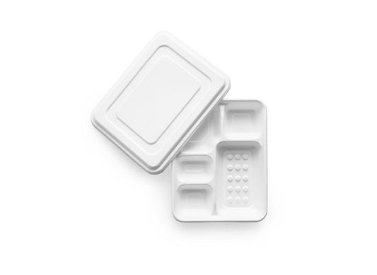5 Compartment Tray and Lid - Bagasse Sugarcane Fibre