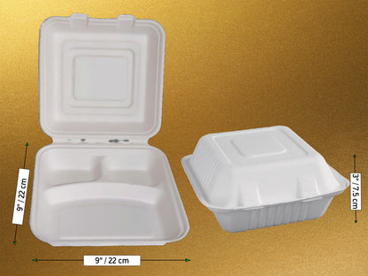 3 Compartment 9x9" Clamshell Container - Bagasse Sugarcane Fibre