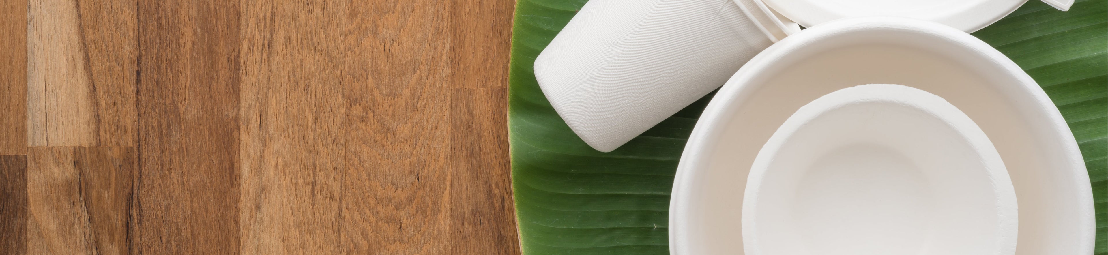 White bagasse disposable cups and cutlery on a green leaf 