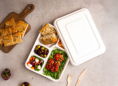 5 Compartment Tray and Lid - Bagasse Sugarcane Fibre